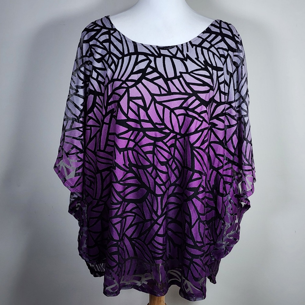 Leebe Poncho Top Womens 3X Purple Ombre Burnout Leaf Batwing Sheer Layered Plus